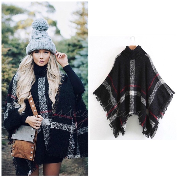 Sweaters - SOLD OUT CLEARANCE Black Plaid Turtleneck Cape Poncho Knit Sweater